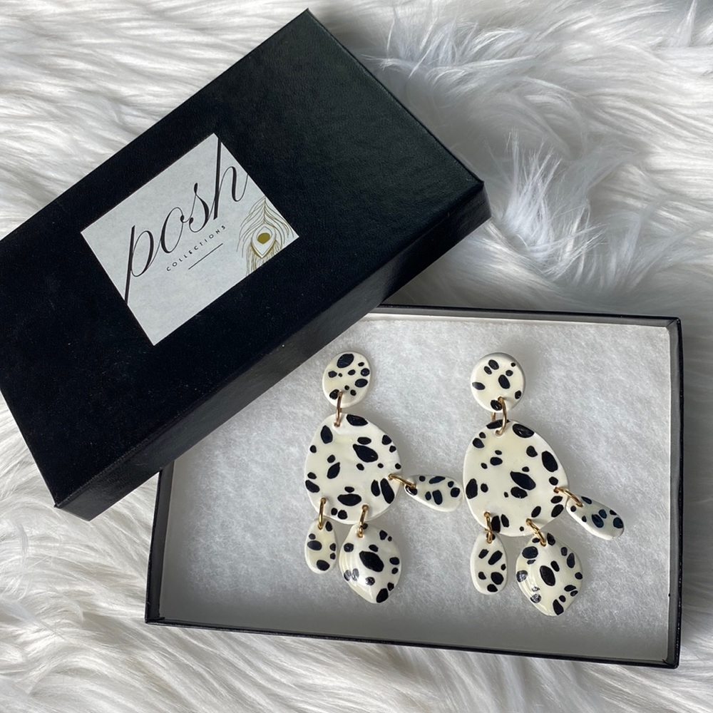 NEW Posh Collections Clay White Black Polka Dot Earrings
